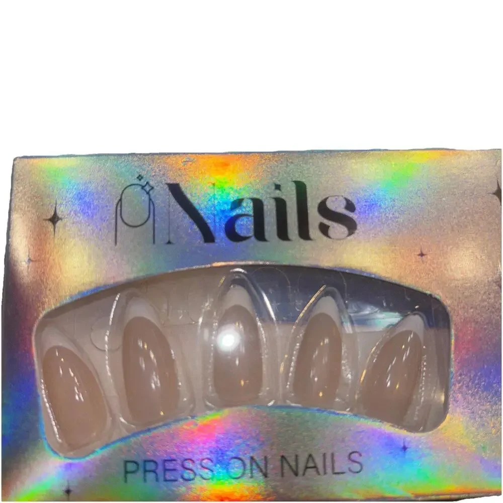 Press on Nails Medium Almond Shape Fake Nails Light Flesh Tone White Tip